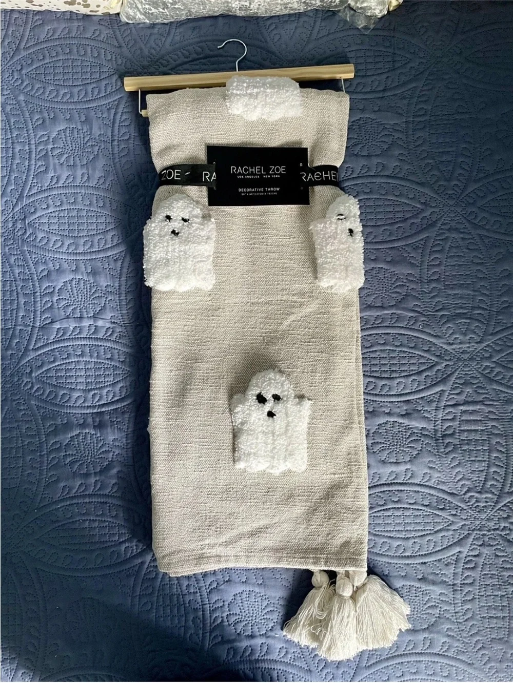 Rachel Zoe Ghost Throw Blanket 50x60 Beige Taupe Tassel Viral Halloween Tik Tok
